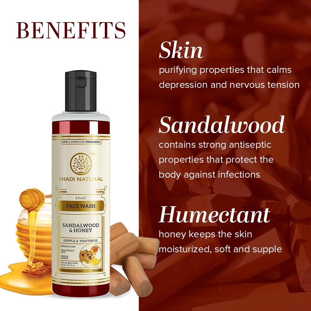 Khadi Natural Sandalwood & Honey Face Wash | Face Wash for Reducing Scars & Blemishes | Face Wash for Healthy Skin | Suitable for All Skin Types (210 ml)