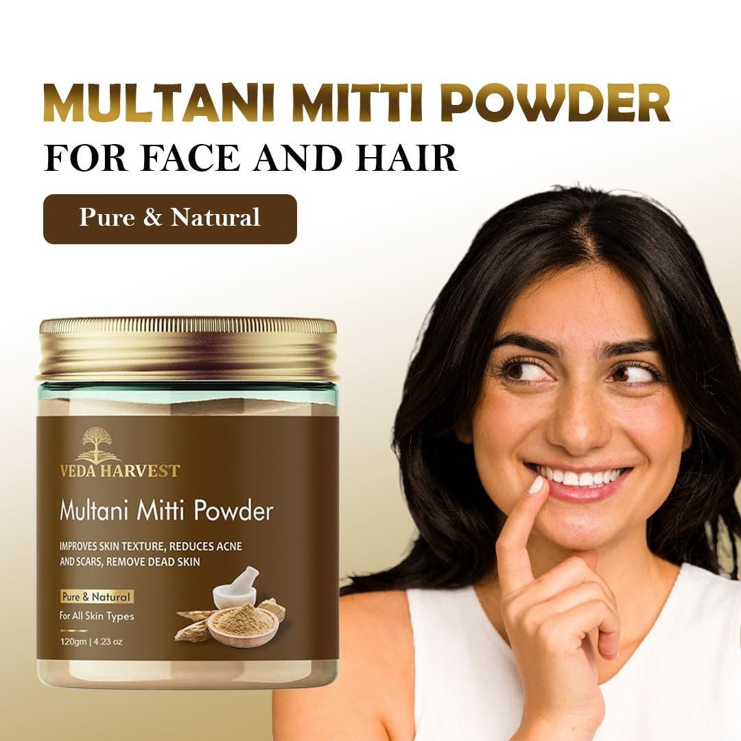 Veda Harvest Multani Mitti 120g | Natural Face & Hair Pack Powder | Fuller’s Earth for Exfoliating, Nourishing, Oil Control & Smoothening | Suitable for All Skin Types