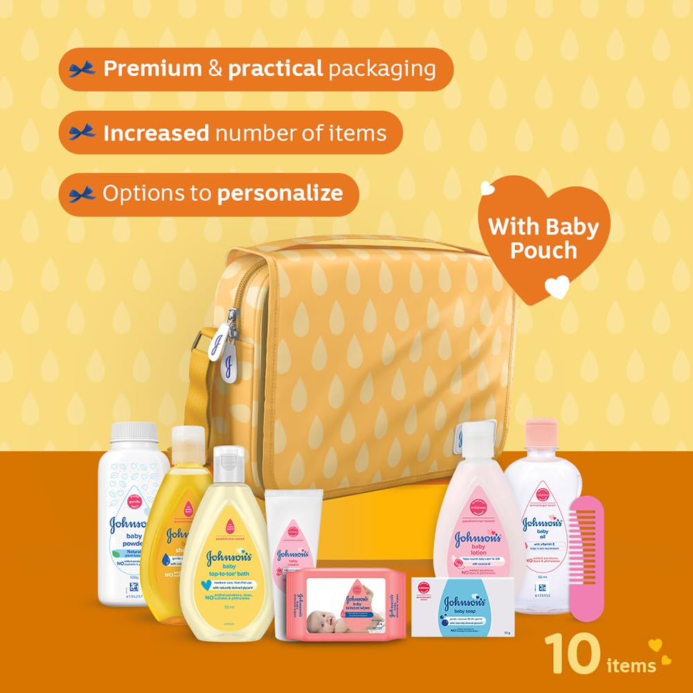 Johnson's Baby Gift Pack with Travel Kit | Newborn Essentials Kit for Baby Girl/Boy | 10 Baby Products Including Orange Hanging Bag & Comb
