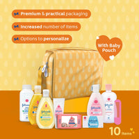 Johnson's Baby Gift Pack with Travel Kit | Newborn Essentials Kit for Baby Girl/Boy | 10 Baby Products Including Orange Hanging Bag & Comb