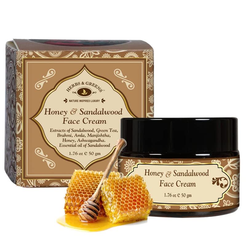 Herbs & Greens Skin Brightening & Anti-aging Honey and Sandalwood Face Cream - Dry/Normal Skin , Forest Honey, Ashwagandha & Brahmi - No Artificial Colour/Fragrance or Base (50 gm)