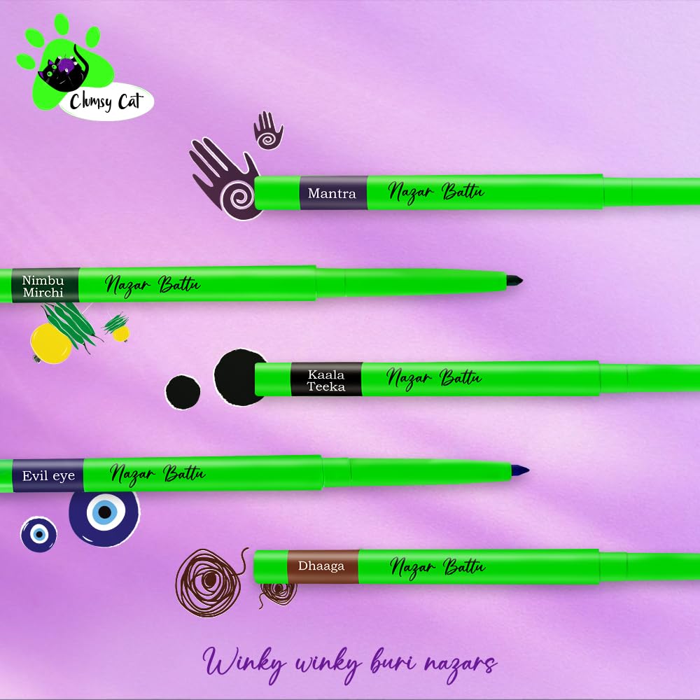 Clumsy Cat Eyes Kajal Pencil for Women - Enriched with Almond Oil & Vitamin E | Long Lasting, Smudge Proof & Waterproof | Smooth & Soft | Use as Kajal or Eyeliner - Nimbu Mirchi (Green)