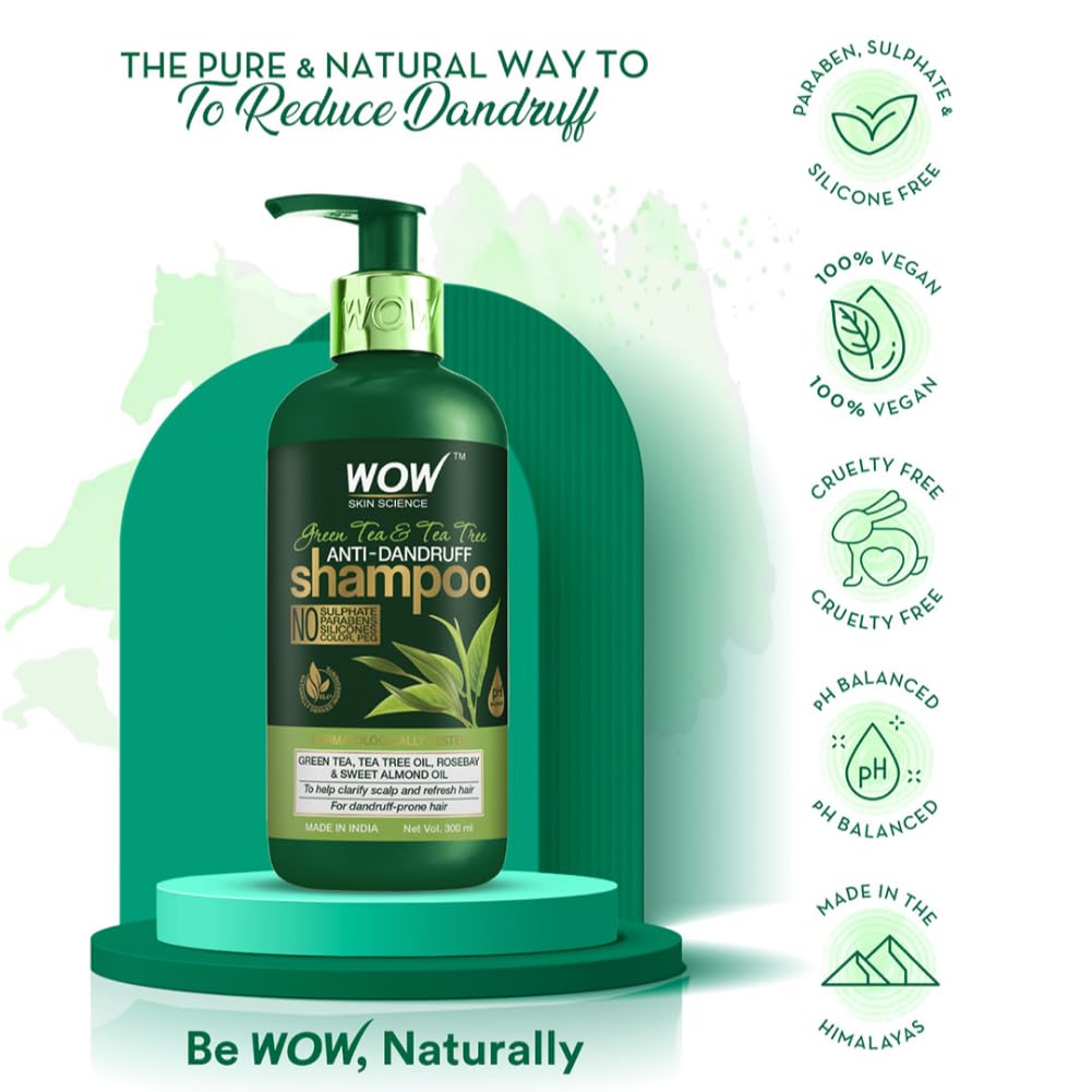 Wow Skin Science Green Tea & Tea Tree Anti-Dandruff Shampoo - No Sulphates, Parabens, Silicones, Color & Peg - 300 Ml
