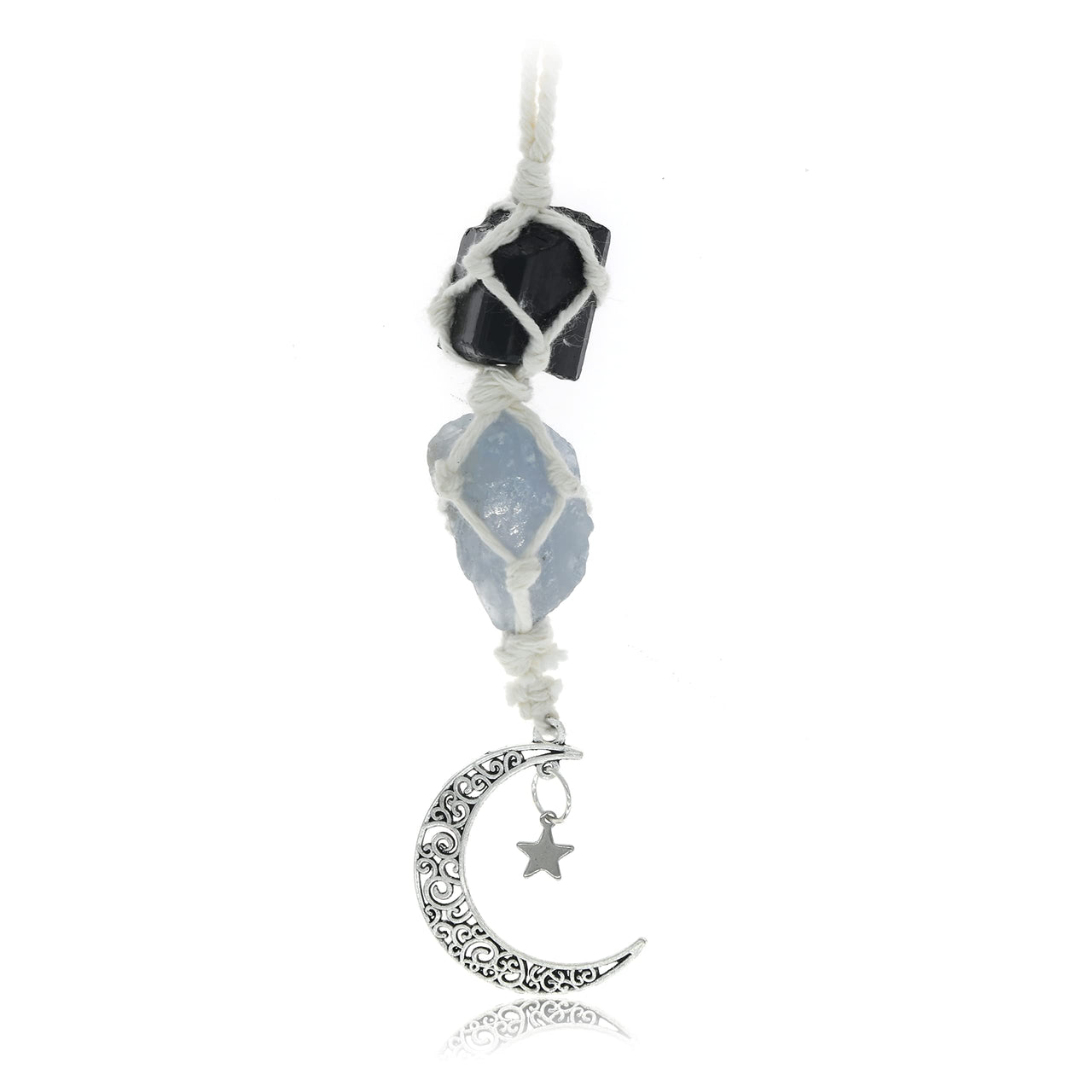 BOHO GARDEN Hanging Car Charm - Black Tourmaline & Blue Calcite - Dangling Moon & Healing Crystal Accessories, Rearview Mirror Decorations - Confidence, Calmness, Creativity, Protection, Communication Tourmaline-blue Calcite