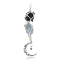 BOHO GARDEN Hanging Car Charm - Black Tourmaline & Blue Calcite - Dangling Moon & Healing Crystal Accessories, Rearview Mirror Decorations - Confidence, Calmness, Creativity, Protection, Communication Tourmaline-blue Calcite