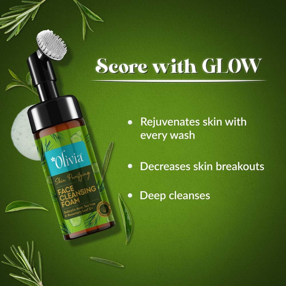 Olivia Skin Purifying Face Cleansing Foam, Built In Brush Face Wash For Deep Cleansing, Massage, Exfoliate, Glowing Bright Skin With 0.5% Salisylic Acid, Tea Tree, & Rosemarry Leaf Oil - 150Ml