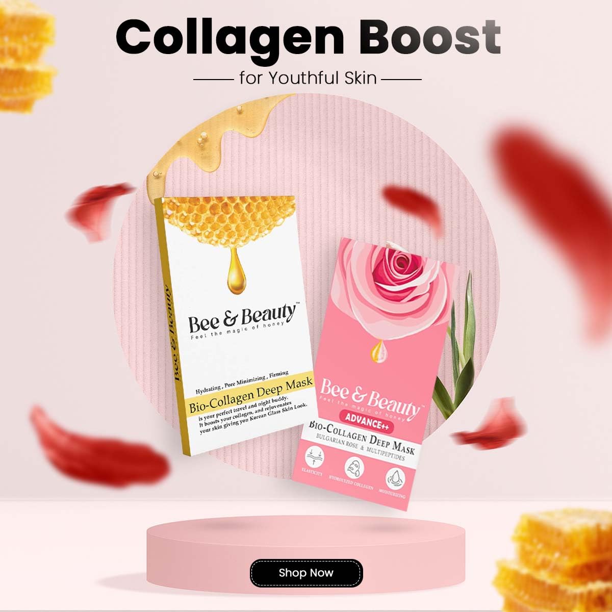 Bee & Beauty Bio Collagen Overnight Face Mask & Pink Deep Mask -Combo Pack Of 2 | Korean Mask For Glass Skin | Sheet Mask For Deep Hydration, Pore minimizing With Goodness Of Honey and Bulgarian Rose