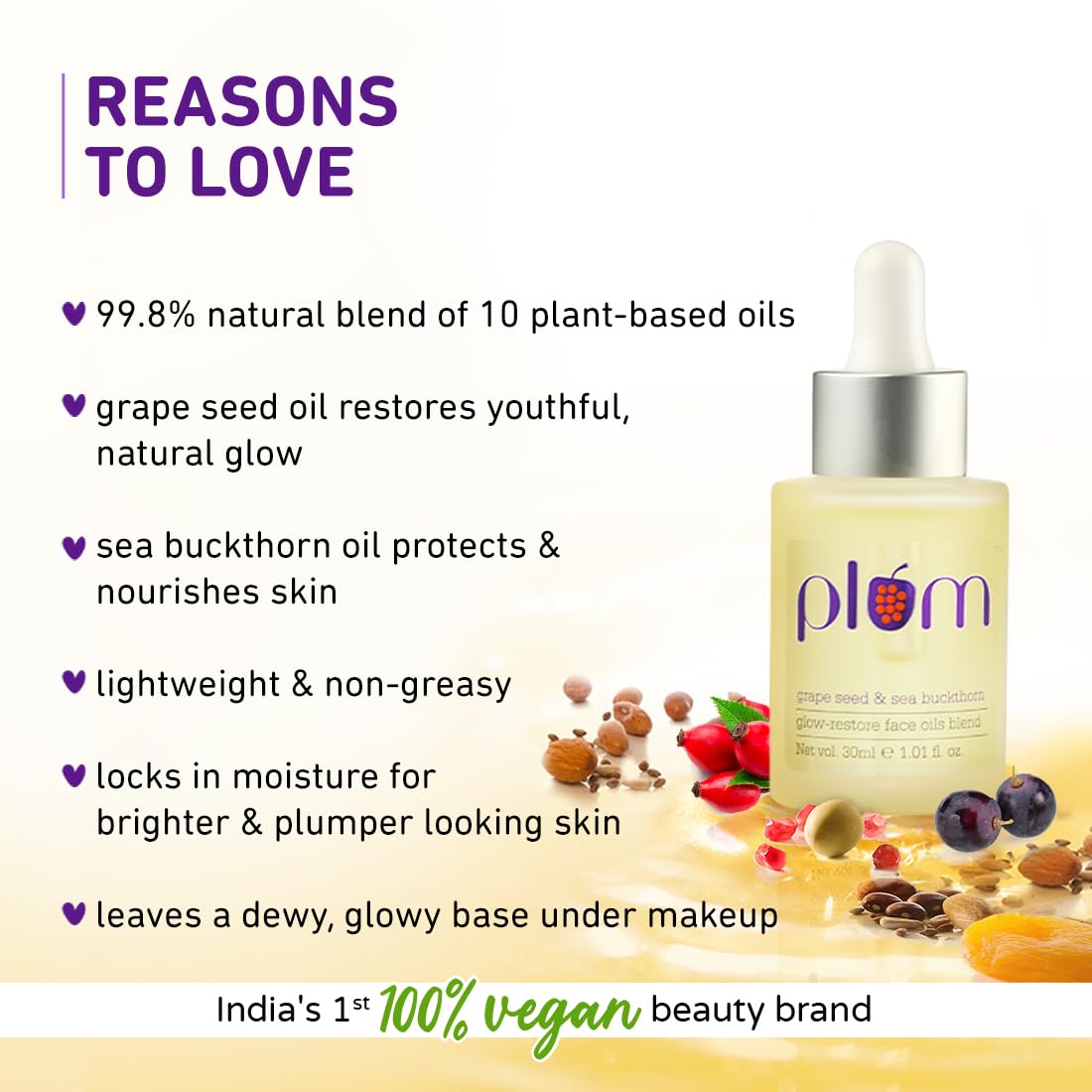 Plum Grape Seed & Sea Buckthorn Glow-Restore Face Oils Blend | Best Face Oil for Glowing Skin | Blend of 10 Natural Oils | 99.8% Natural & 100% Vegan | 30ml