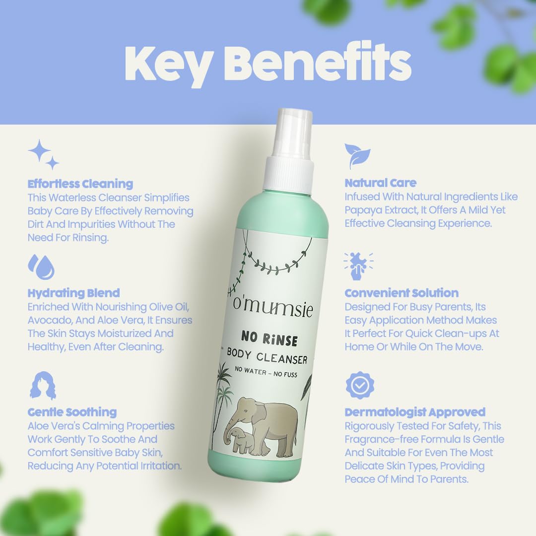 O’Mumsie- No Rinse Body Cleanser- Organic Micellar Cleansing Water for Babies with Goodness of Aloe Vera & Papaya Extract - Fragrance Free, Vegan - 250 ml