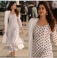 Jaipuri Fashionista Women's  White Colour Rayon Printed Straight Kurti with Palazzo Pant and Dupatta Set