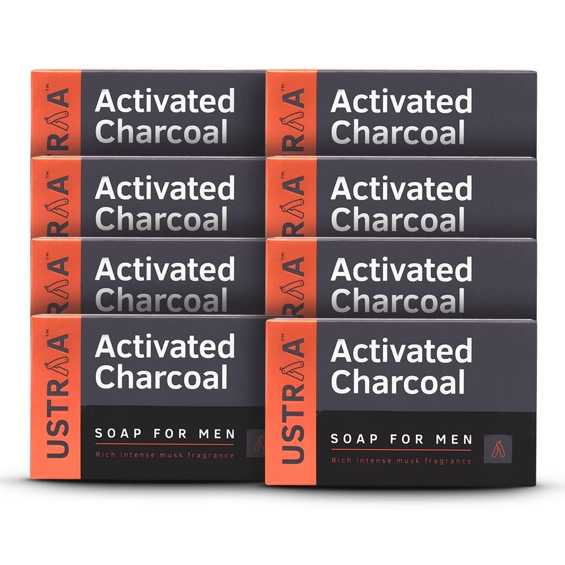 Ustraa Deo Soap For Men With Activated Charcoal, 8 x 100 G (Pack Of 8) | With Activated Charcoal | Rich Intense Musk Fragrance | Powerful fragrance | Rich & Intense Foam
