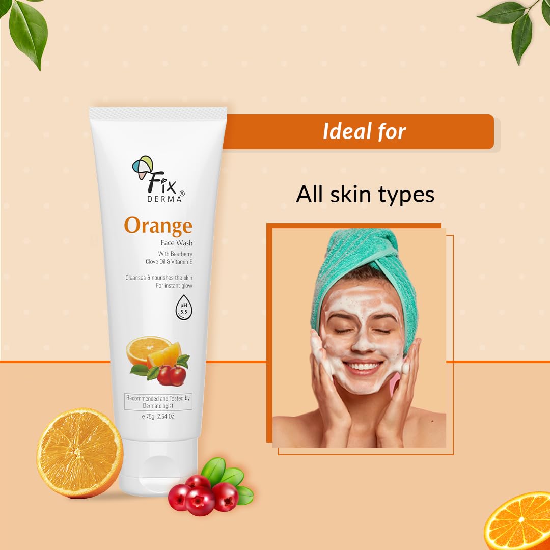 Fixderma Orange Face Wash with Vitamin E & Bearberry | Tan Removal Face Wash | Face Wash & Face Cleanser | Face Wash for Oily Skin (All Type Skin) | Face Wash for Women & Men - 75g