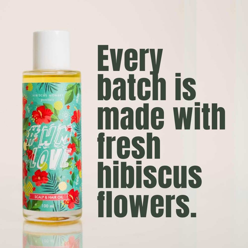 Hibiscus Monkey HM Love Scalp & Hair Oil | Promotes Hair Growth, Reduces Hair Fall | Scalp care | Anti Frizz | Real Hibiscus Flowers, Coconut Milk Oil | Natural | No Mineral Oil, Chemical-Free | 100mL