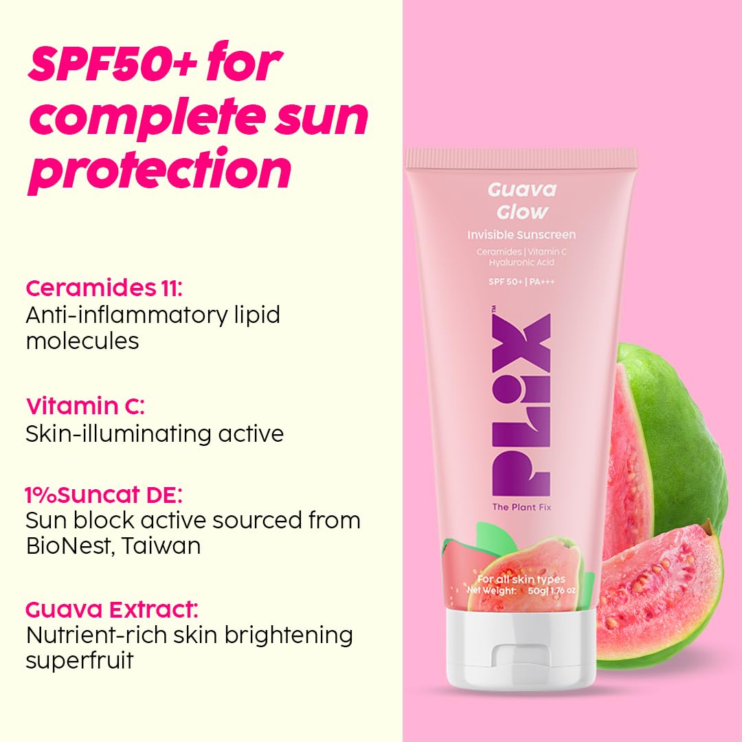 The Plant Fix Plix Spf 50+ Guava Glow Sunscreen-50G & 10% Vitamin C Guava Face Serum-20Ml Combo, For Uv A, Uv B Protection & Skin With Ceramides, Vitamin C & Hyaluronic Acid & Pentavitin, All