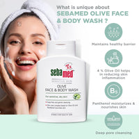 SebaMed Olive Face & Body Wash, Extra Mild For Sensitive, Dry Skin, Ph5.5, Soap Free, Gentle Cleansing, Olive Oil + Panthenol Nourishes Skin, Dermatologically & Clinically Tested, 200 Ml