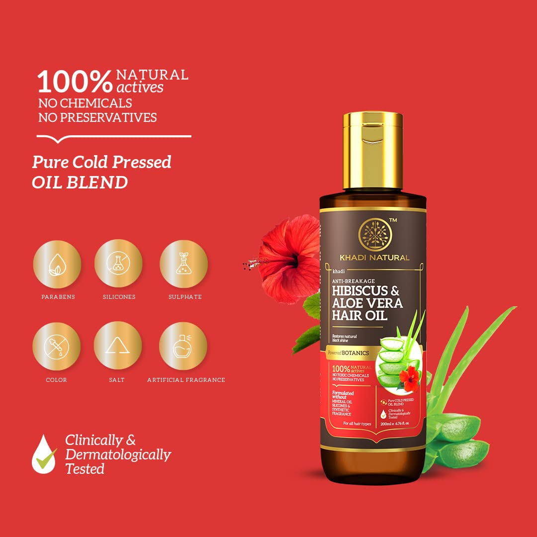 Khadi Natural Hibiscus & Aloe Vera Hair Oil | Oil for Frizzy Hair | Silicone & Mineral Oil Free | Suitable for All Hair Types | Powered Botanics