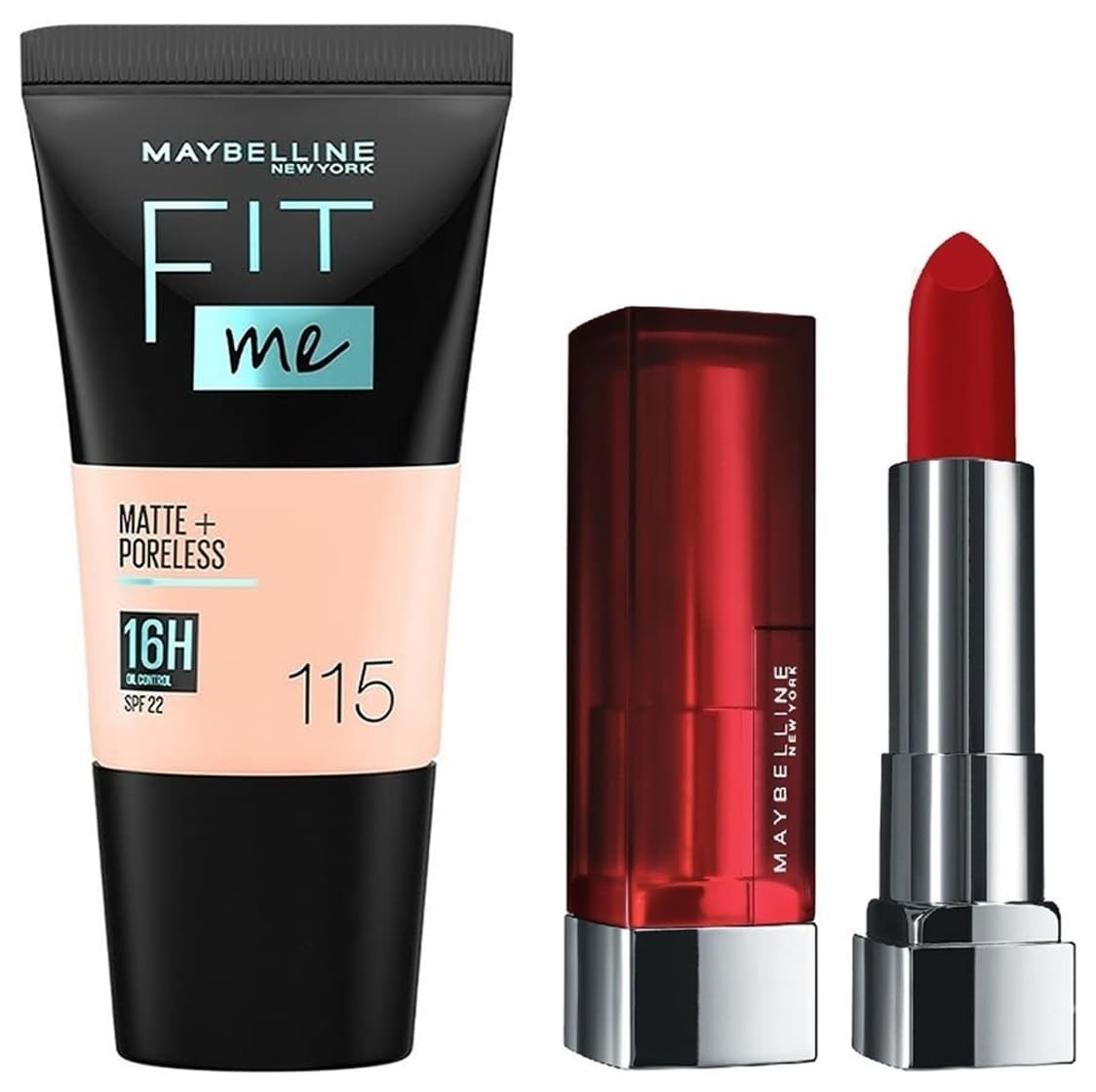 Maybelline New York Fit Me Matte+Poreless Liquid Full Coverage Foundation For Oily Skin Tube,115 Ivory,18Ml And New York Color Sensational Creamy Matte Lipstick,690 Siren In Scarlet,3.9G,Pack Of 1