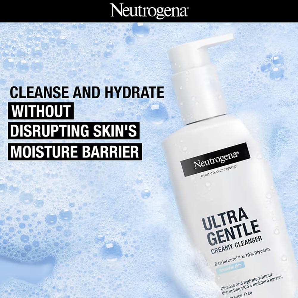 Neutrogena Ultra Gentle Creamy Cleanser | 14X Gentler Cleanser | All Skin Types Including Sensitive Skin | Face Wash for Sensitive Skin for Men & Women | With Barriercare Technology & 10% Glycerin | Paraben-Free