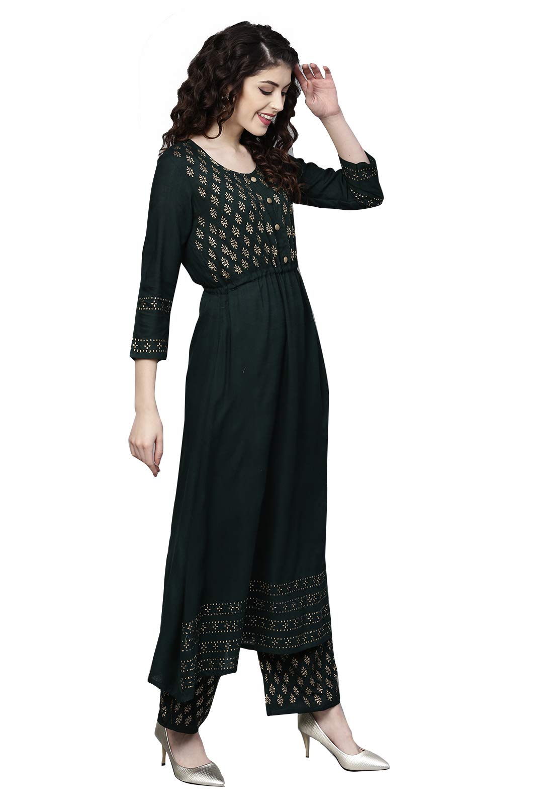 ishin Women's  Rayon Green Printed Anarkali Kurta set With Palazzo