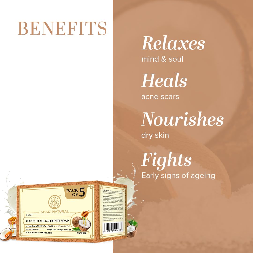Khadi Natural Herbal Coconut Milk & Honey Soap |Herbal Bathing Soap for Glowing Skin| Long Lasting Hydration | Suitable for All Skin Types| (Pack of 5) (5x125 g) (625 g)