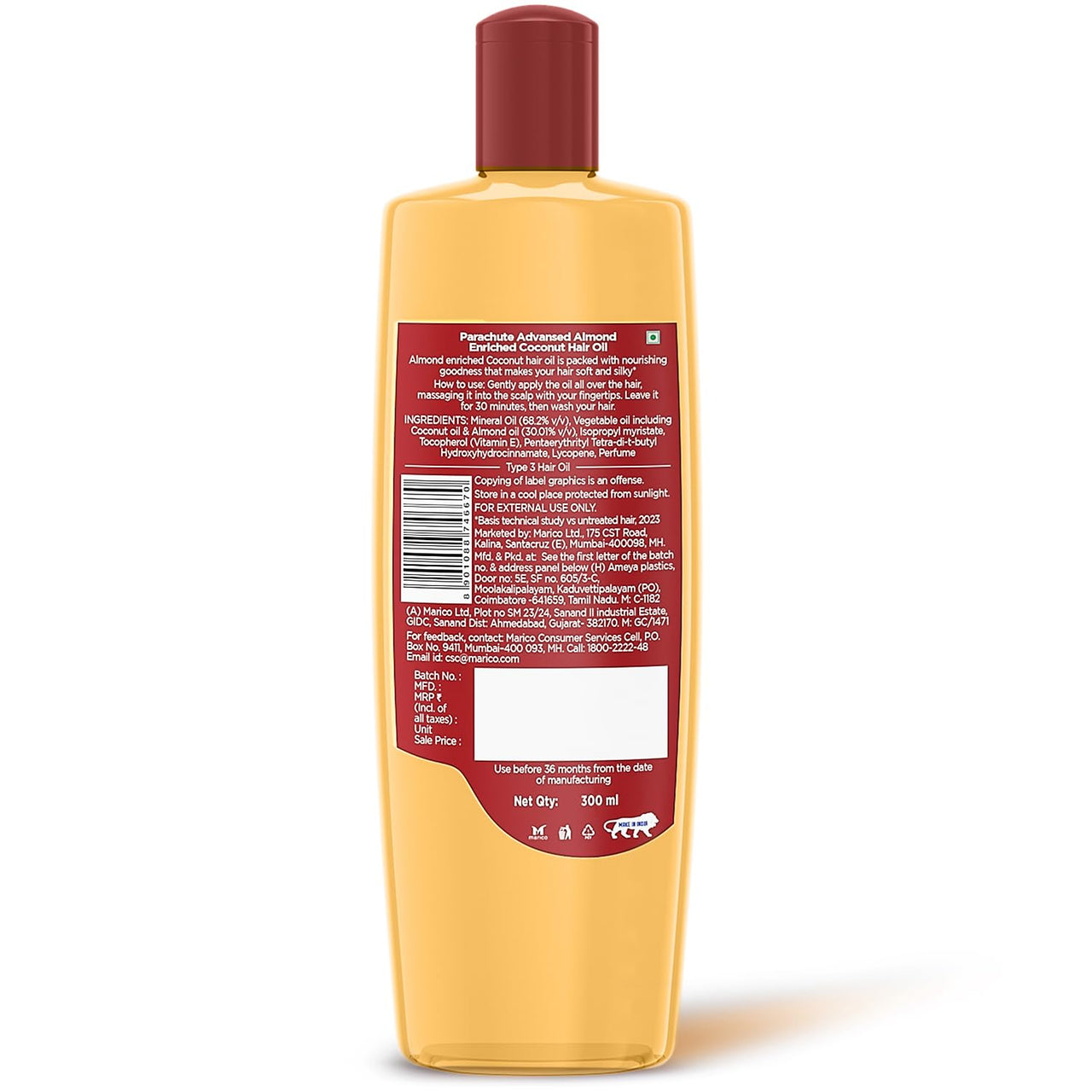 Parachute Advansed Almond enriched Coconut Hair Oil with Vitamin E 300ml|Nourishes & Softens Hair | Helps Control Hair Fall| Helps Promotes Hair Growth | Up to 2x Softer Hair|Non-Sticky Formula| Dermatologically-Tested Hair Oil | For Men & Women