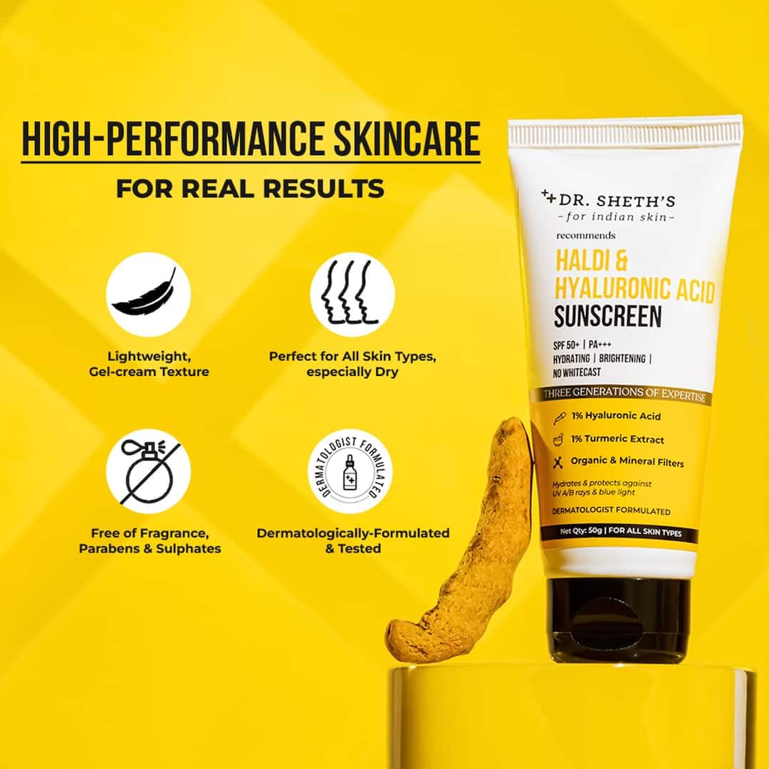 Dr. Sheth's Haldi & Hyaluronic Acid Sunscreen with 1% Hyaluronic Acid | Spf 50+ Pa+++ | Protects Against UVA/B & Blue Light | Hydrating & Brightening | For Men & Women | For All Skin Type | 50 g