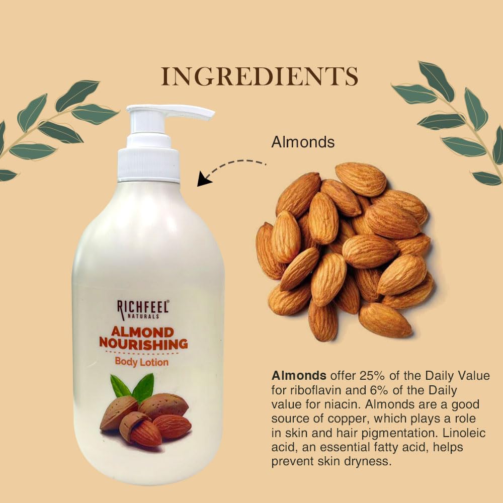 Richfeel Almond Nourishing Body Lotion| Intense Moisturization | With 2X Almond Oil | Smooth and Healthy Looking Skin | For Very Dry Skin | 400 ml