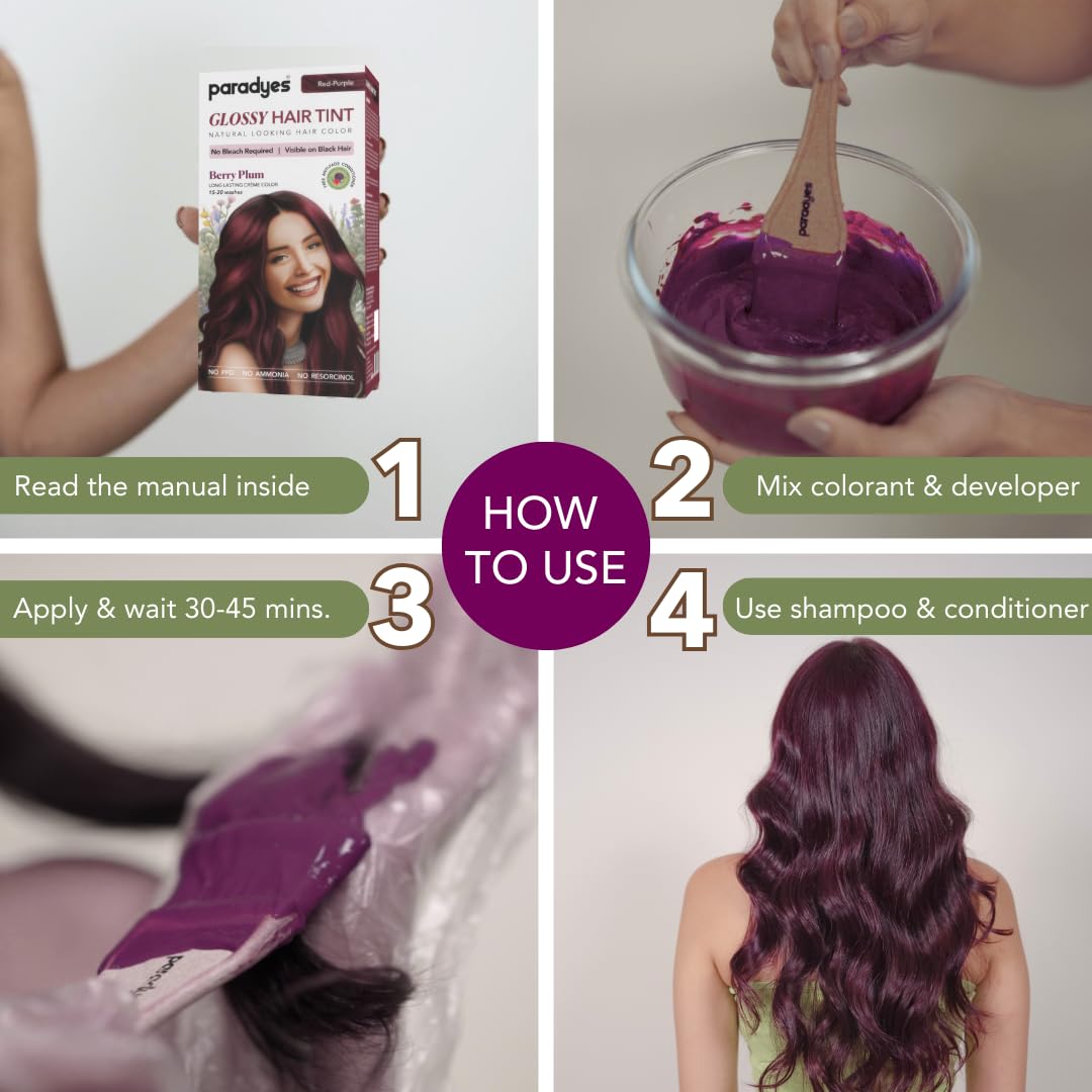 Paradyes No Bleach Berry Plum Glossy Hair Tint - Ammonia-Free for Natural Black Hair, Visible Results - Includes Anti-Fade Conditioner for Long-Lasting Shine, 1 Count