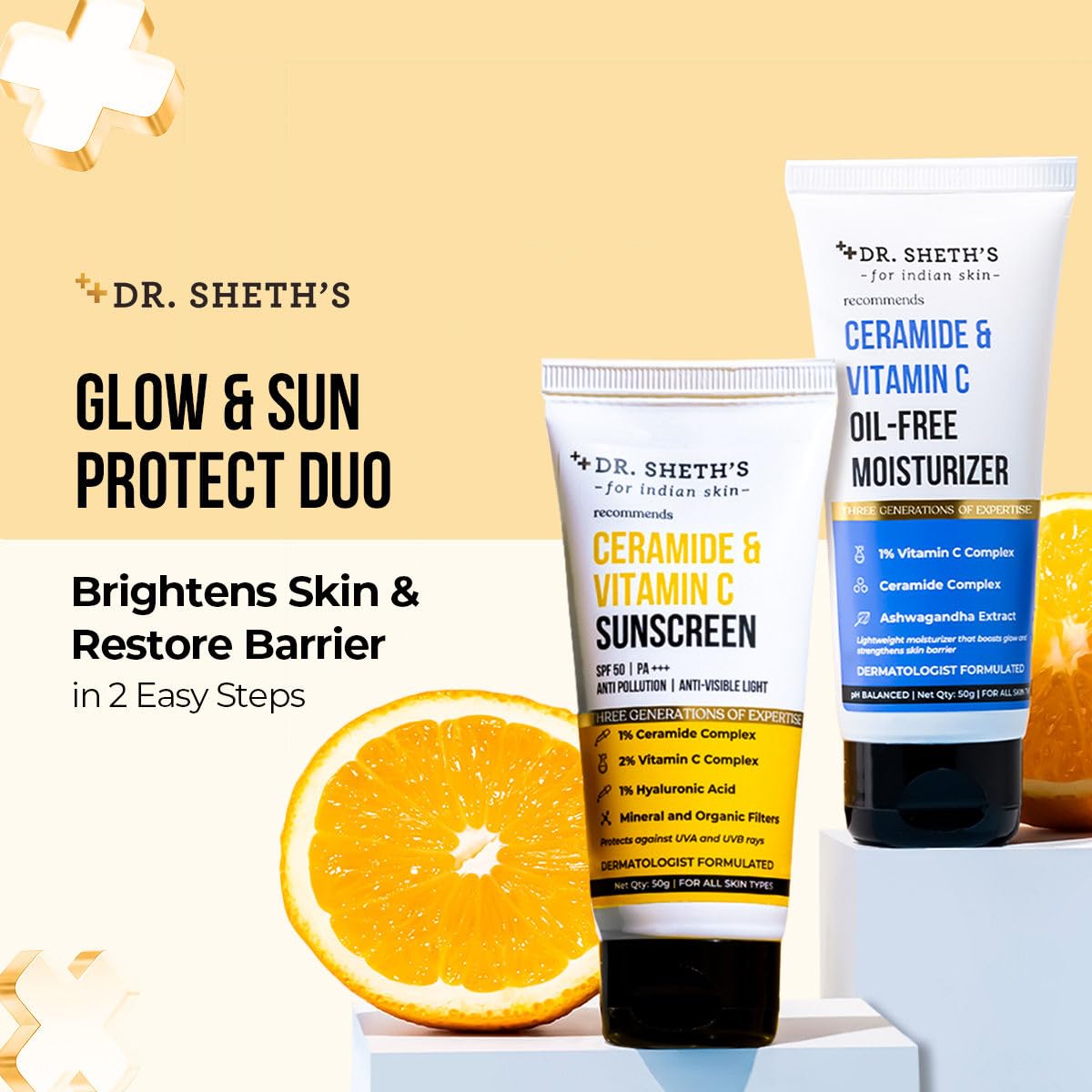Dr. Sheth's Glow & Sun Protect Duo | Lightweight Sunscreen & Oil-Free Moisturizer Combo | Nourished & Protected Skin | For Normal to Combination Skin | For Men & Women | 50 g x 2