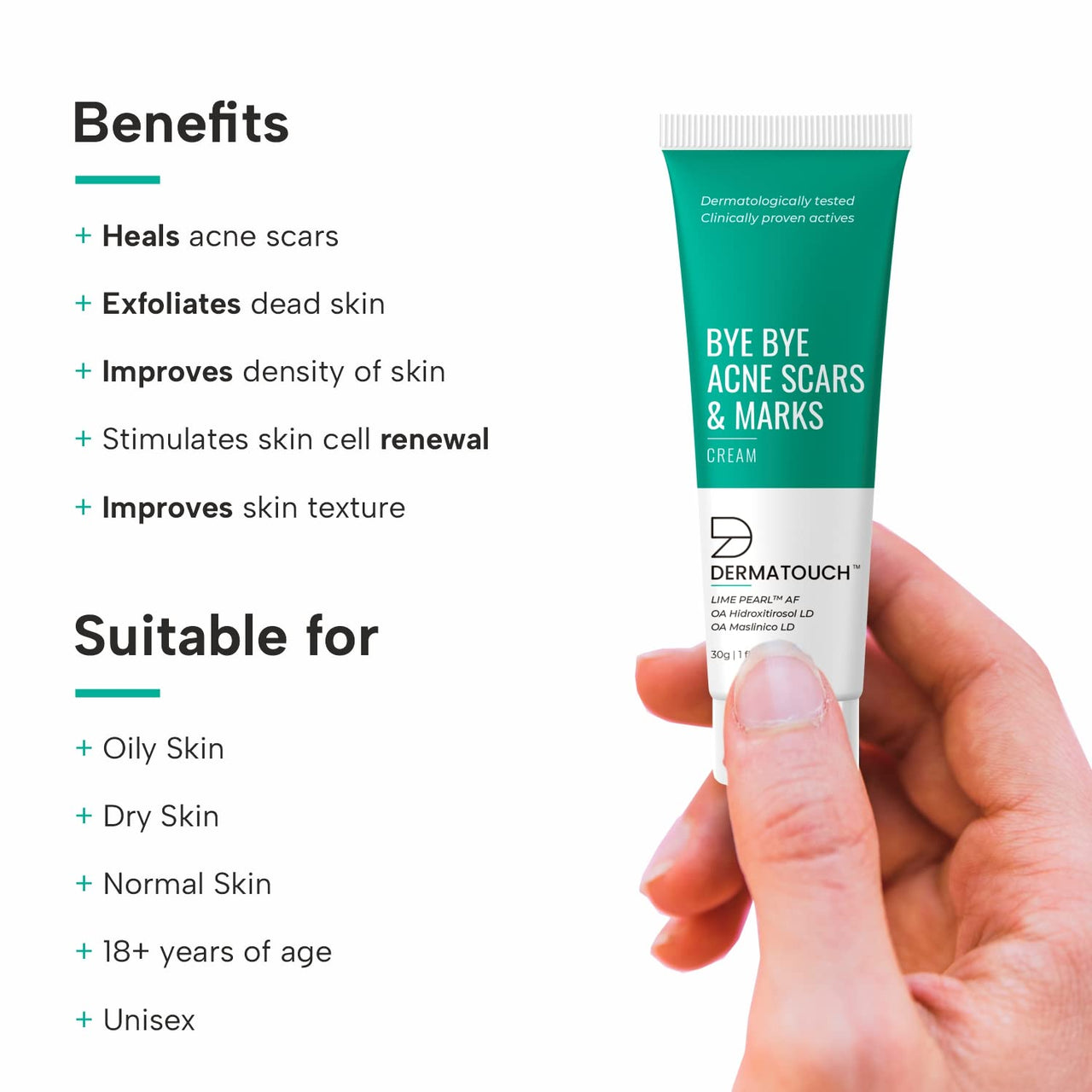 DERMATOUCH Bye Bye Acne Scars & Marks Cream || Acne Scars Corrector || Formulated Specially to Address Scars & Marks || Suitable For All Skin Types - 30G
