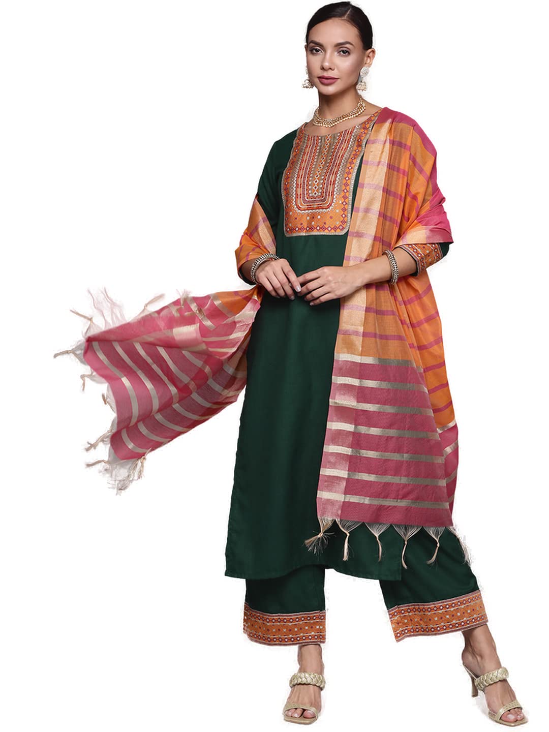 INDO ERA Women's  Solid Cotton Blend Straight Kurta Palazzo With Dupatta Set