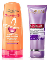 L'Oreal Paris Dream Lengths Conditioner, 192.5 ml & L'Oreal Paris Revitalift Hyaluronic Acid Hydrating Gel Cleanser, 50 ml | Gentle Facewash for women | Cleanses impurities & makeup residue 50ml
