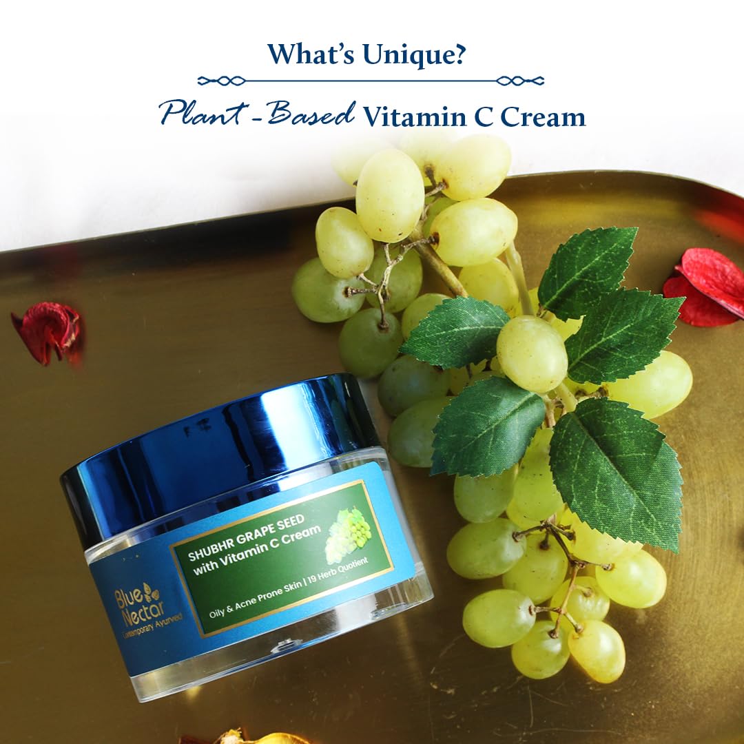 Blue Nectar Vitamin C Face Moisturizer for Oily & Acne Prone Skin with Grapeseed | Oil-Free | Plant Based Vit C Lightweight Cream for Men (19 herbs, 50g)