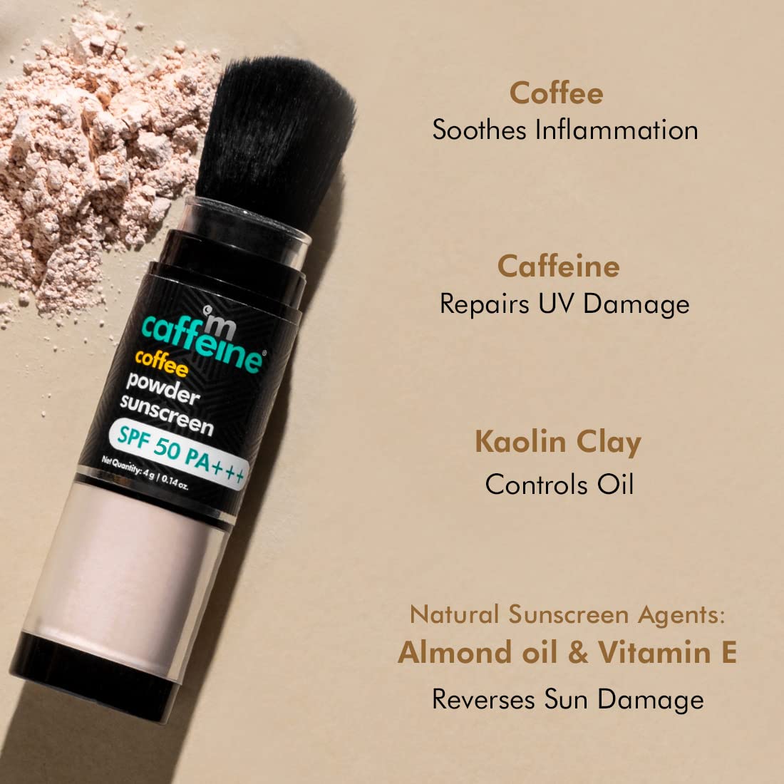 mCaffeine 100% Mineral Powder Sunscreen SPF 50 PA+++ for Oily Skin | Mattifying, Water Resistant & Zero White Cast | Travel Friendly & Easy to Apply