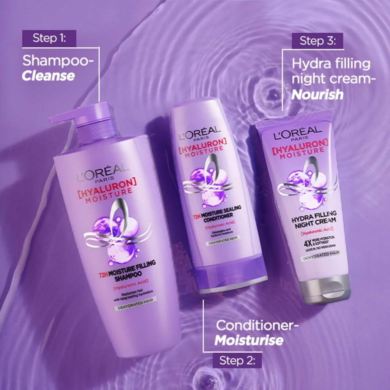 L'Oreal Paris Hyaluron Moisture 72H Filling Shampoo With Hyaluronic Acid for Dry & Dehydrated Hair 340ML + Conditioner 180 mL, Regime Pack of 2