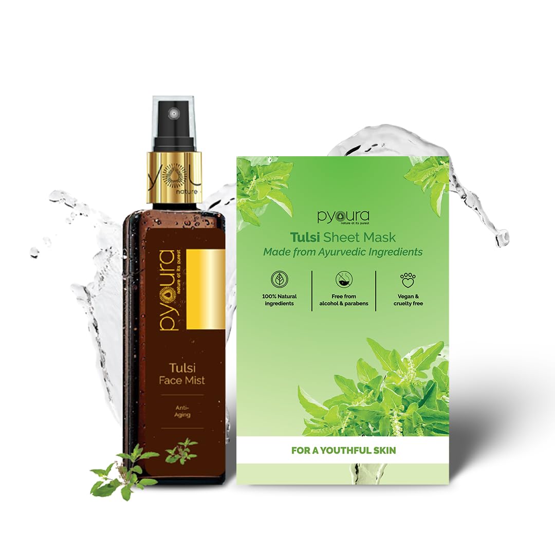PYOURA Tulsi Anti-Aging Combo: Face Toner Mist (100ml) + Sheet Mask (Pack of 1), For Managing Wrinkles & Fine Lines, Hydrates & Refreshes Skin, All Skin Types, Alcohol-Free, Natural & Ayurvedic