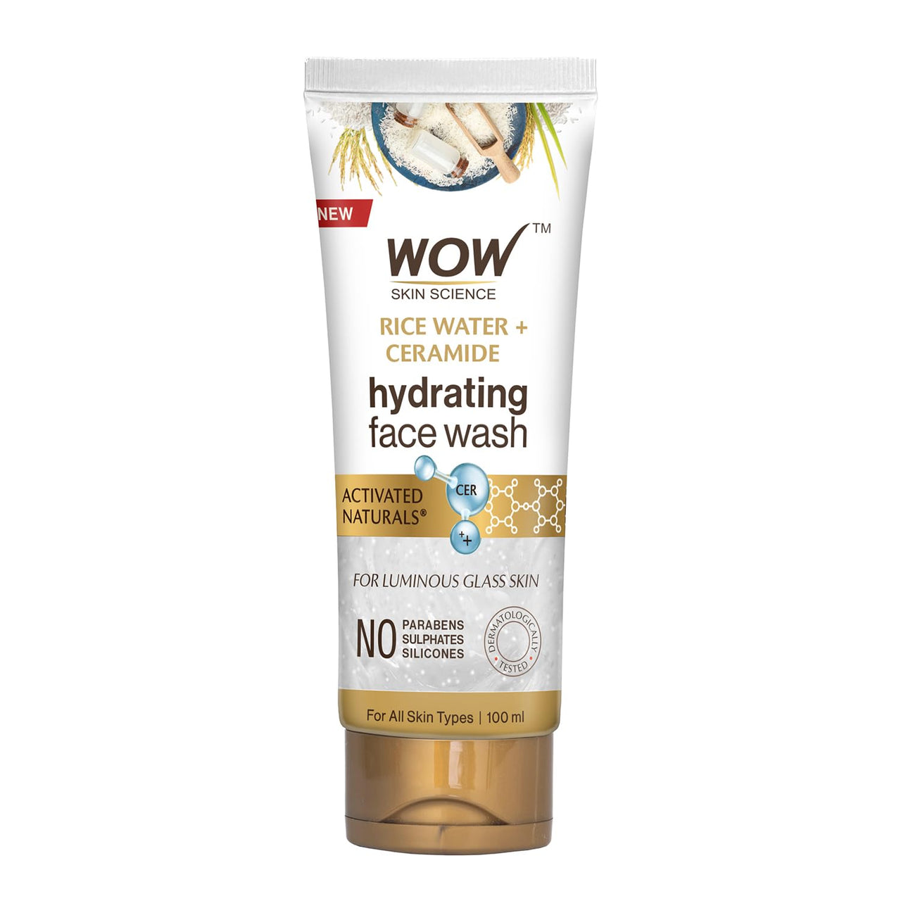 WOW Skin Science Rice Water & Ceramide Hydrating Face Wash | Brightens Skin | Tightens Pores | Locks in Moisture | Reduces Fine Lines | Improves Skin Elasticity | 100ml