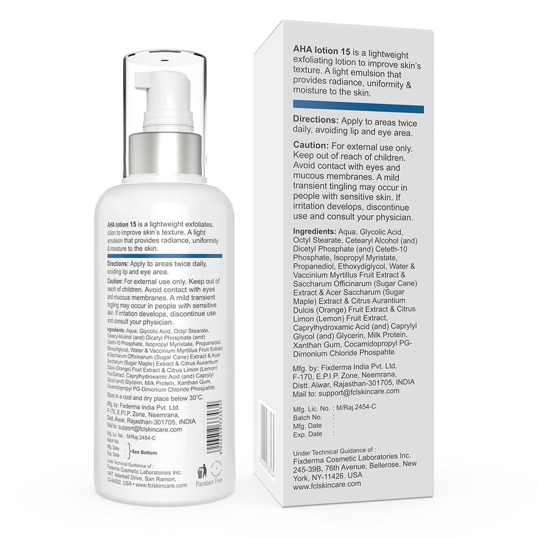 FIXDERMA COSMETIC LABORATORIES 15% Glycolic Acid Aha Lotion For Body And Face | Dead Skin Remover | Paraben Free Aha Exfoliating Lotion For Dry, Itchy And Rough Skin - 100Ml