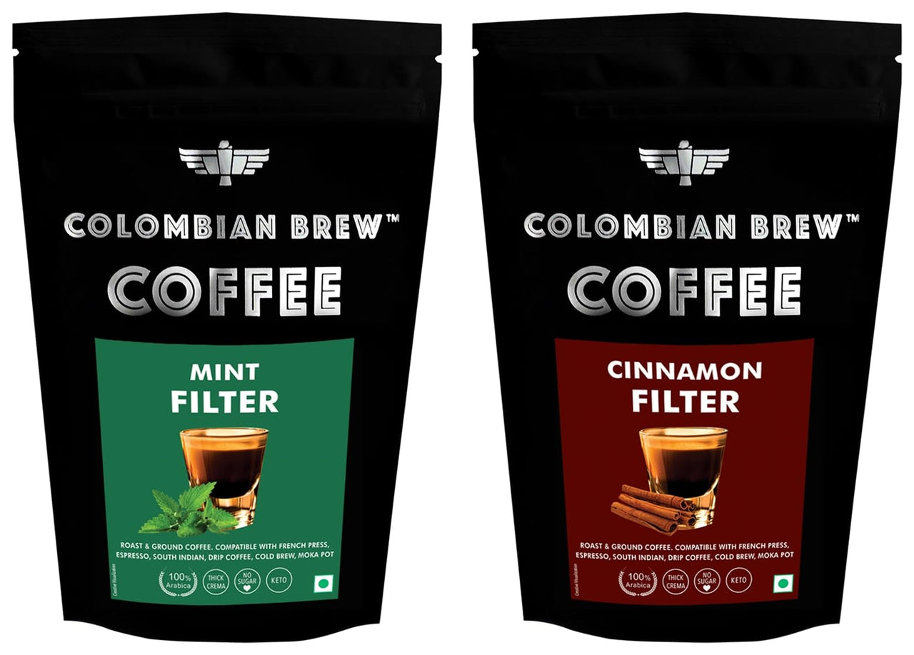 Colombian Brew Cinnamon Filter Coffee Powder, Arabica Roast & Ground, 250g & Colombian Brew Mint Filter Coffee Powder, Arabica Roast & Ground, 250g