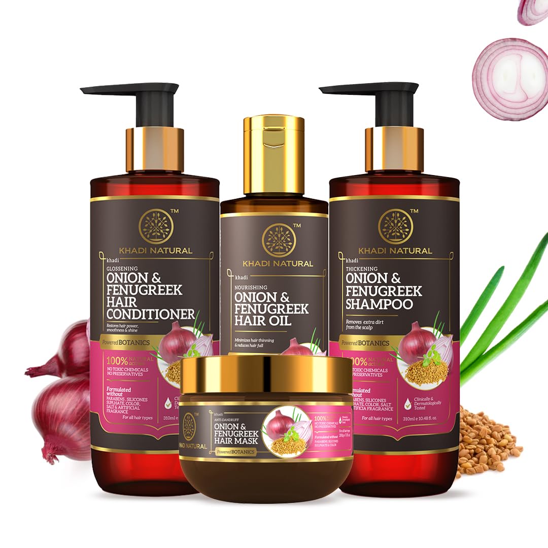 Khadi Natural Hair fall control solution|Onion & Fenugreek shampoo 310ml| Onion & Fenugreek conditioner 310ml|Onion & Fenugreek hair oil 200ml|Onion & Fenugreek hair mask 200gm