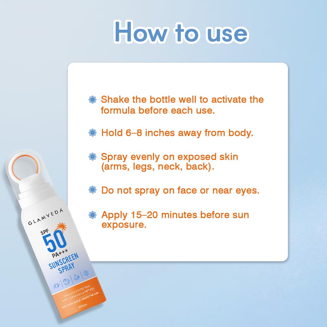 Glamveda Body Sunscreen Spray SPF 50 PA+++ | Broad Spectrum UVA/UVB & Blue Light Protection | With Ceramides, Peptides & Niacinamide | Quick-Absorbing, Waterproof, No White Cast | Men & Women |100 gm