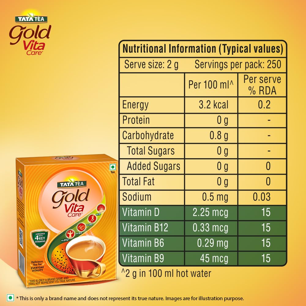 Tata Tea Gold Vitacare | Tea With Power Of 4 Vitamins | Vitamin D | Vitamin B6 | Vitamin B9 | Vitamin B12 | Loose Leaf Black Tea | 500 Gram