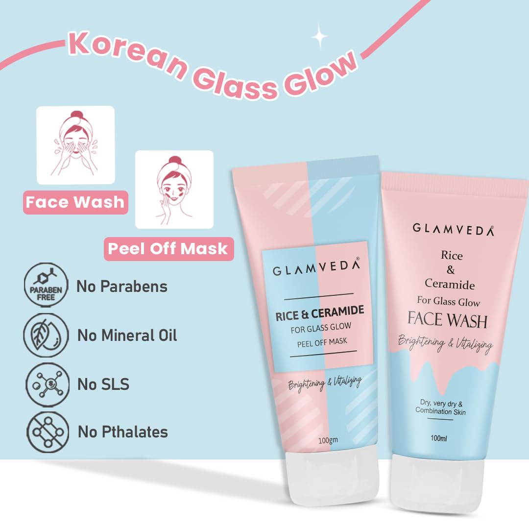 Glamveda Rice & Ceramide Combo | Skin Brightening & Anti Dullness | Improves skin barrier | Suitable For Dry to Combination Skin types | Face Wash & Peel Off Mask Combo