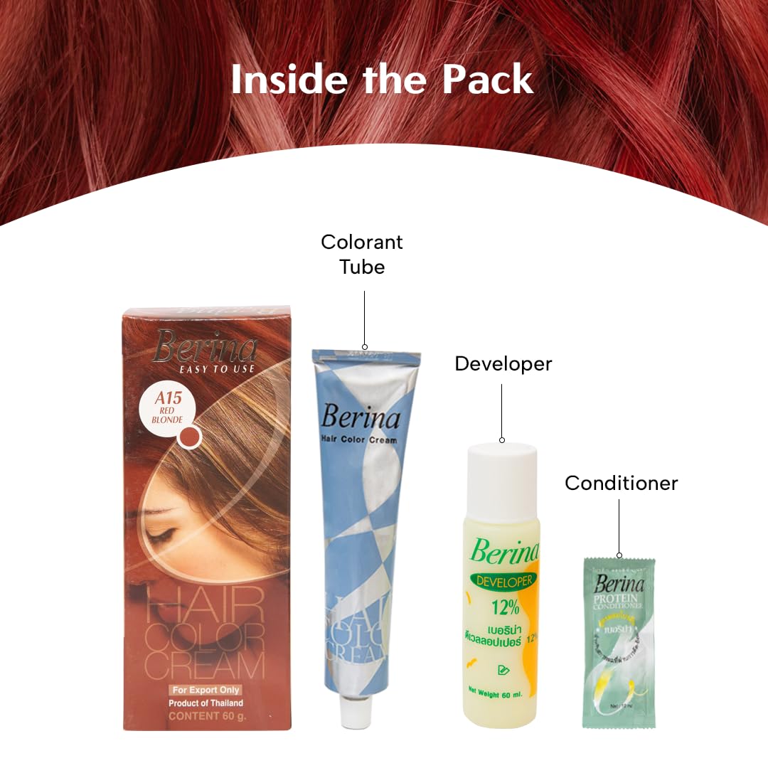 Berina Professional | Permanent Hair Color Cream | 60gm | A15 Red Blonde | Long Lasting Color
