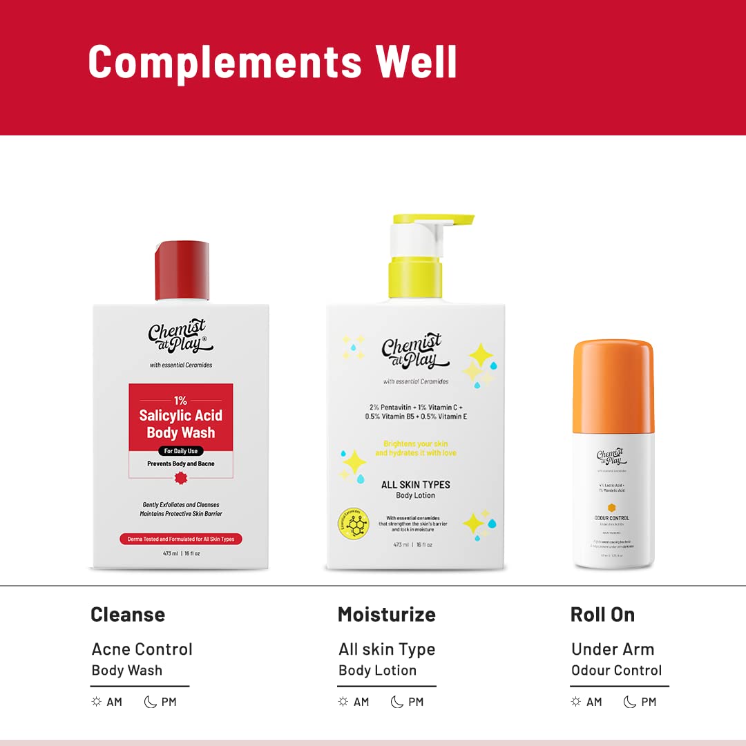 Chemist at Play 1% Salicylic Acid Body Wash 236ml + Loofah | Paraben & SLS Free | Gentle Exfoliating Shower Gel | Prevents Body Acne, Bumpy Skin & Deep Cleanses Skin | For Men & Women