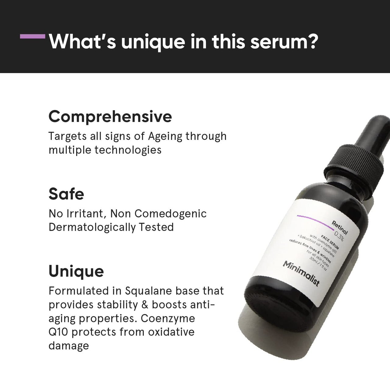 Minimalist Anti-Aging Night Serum with 0.3% Retinol & Q10 | Suitable for All Skin Types | Fine Lines & Wrinkles Reduction Serum for Beginners | Water-Free Formula for Stability & Nourishment | Fragrance-Free & Non-Comedogenic | For Women & Men | 30 ml