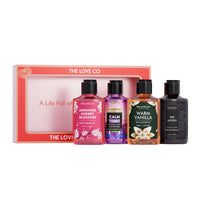 THE LOVE CO. Indulgence Gift kit Collection: Indulge in Travel Pack Shower Gels | Cherry Blossom, Vanilla, Lavender, Oud | Opulent Bathing Experience | Ideal Birthday & Special Occasion Hamper | Pack of 4