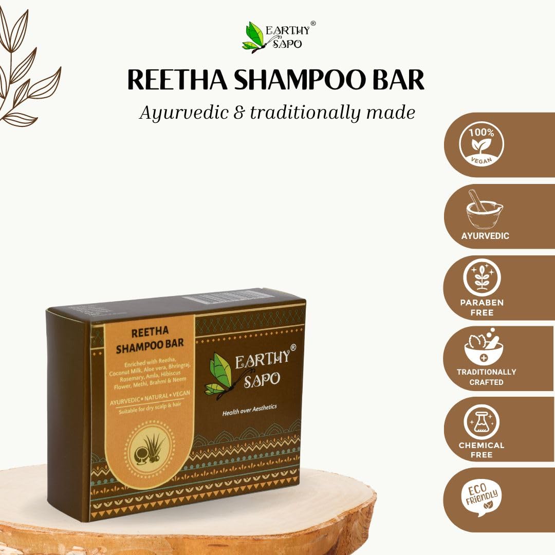 Earthy Sapo Reetha Shampoo Bar for Dry Hair (100g, Pack of 2) | Handmade Ayurvedic Hair Care | Vegan, Chemical-Free, Eco-Friendly | Reetha & Coconut Milk for Nourished Hair