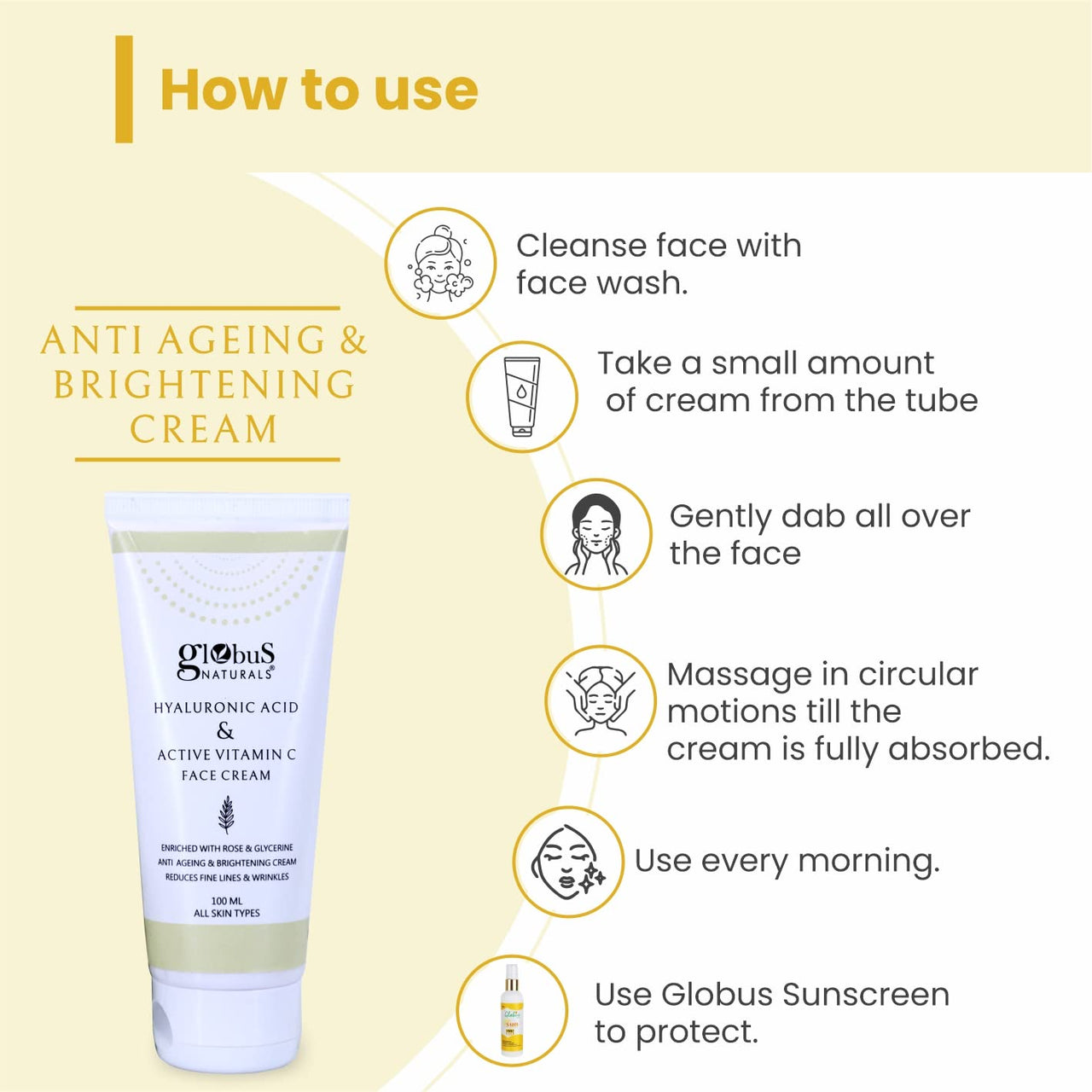 Globus Naturals Hyaluronic Acid & Vitamin C Anti Ageing Face Cream, Enriched with Rose & Glycerine, Skin Lightening & Brightening Formula, 100 ml, Pack Of 5
