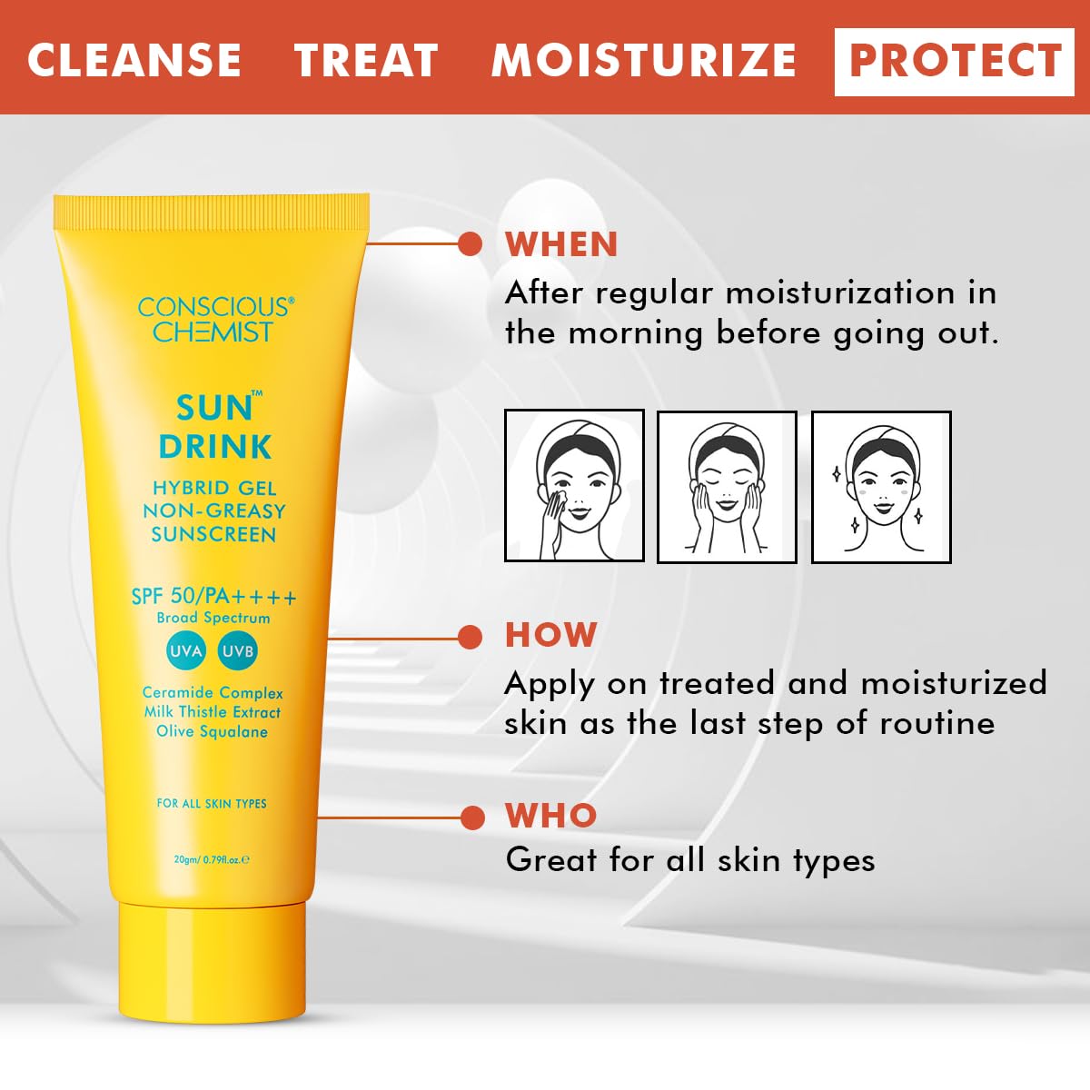 Conscious Chemist® Dewy Ceramide Sunscreen SPF 50 PA++++ | For Oily Skin | UVA/UVB & Blue Light Protection | Fragrance-Free | For Men & Women, All Skin Type - Sun Drink | 20g